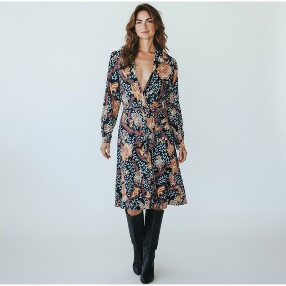 LOFT Dresses & Skirts - LOFT Paisley Floral Shirtdress Womens 2P Navy Blue Excellent Long Sleeve Midi